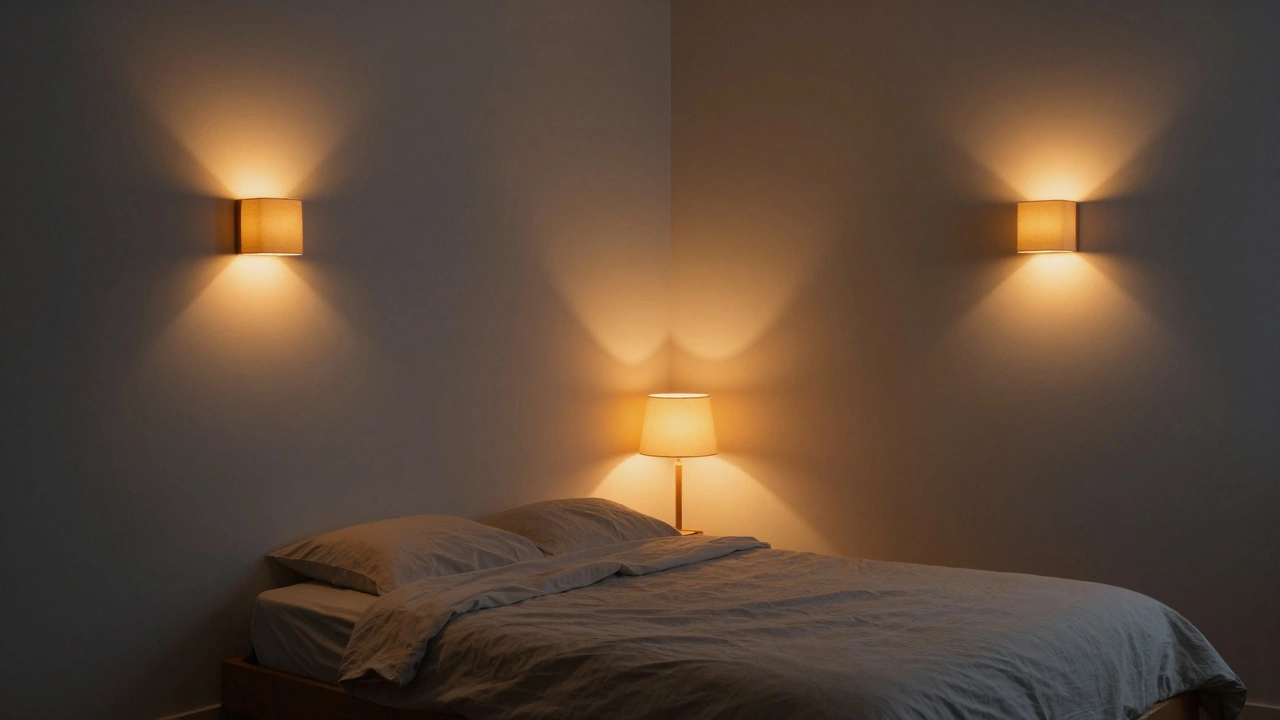 Спальня с серыми стенами, смягченными теплым светом ламп и деревянными элементами