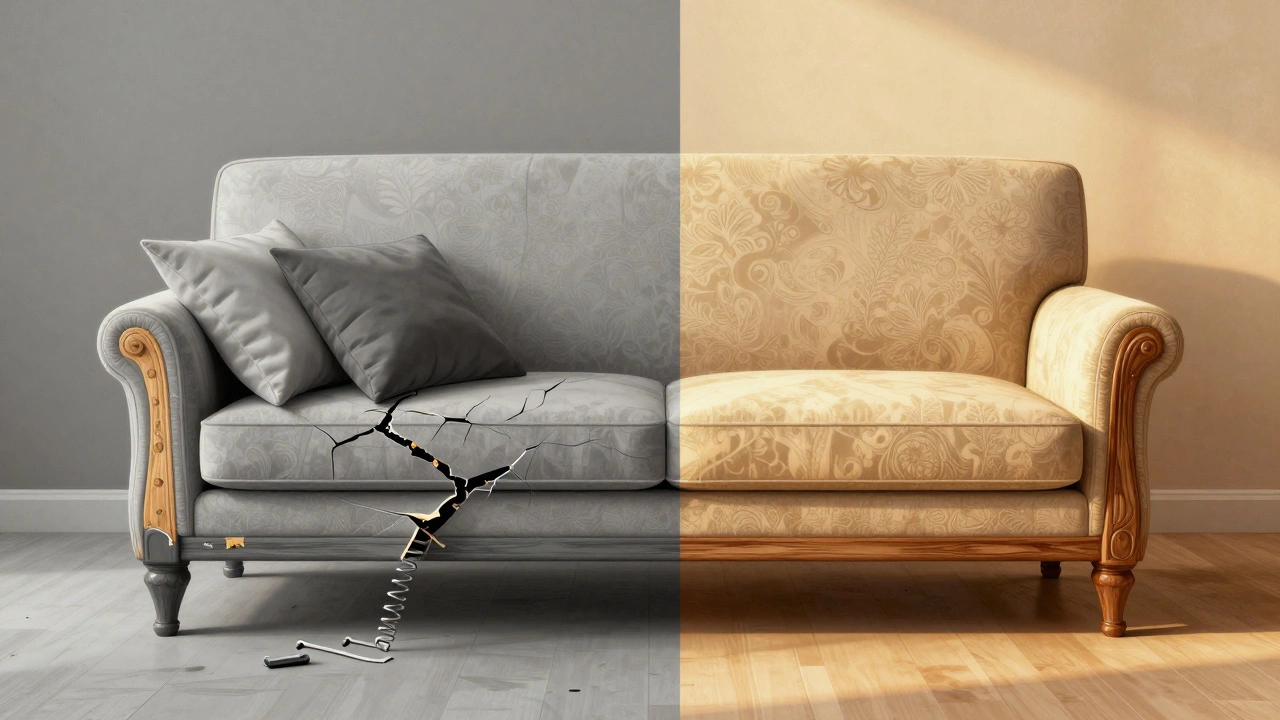 Сравнение: дешевый диван с треснувшей обивкой и восстановленный винтажный диван с новой тканью.