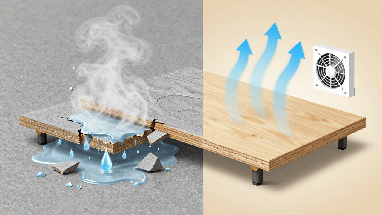 Сравнение разрушающегося обычного ДСП и защищенного влагостойкого ДСП в условиях влажности ванной комнаты.