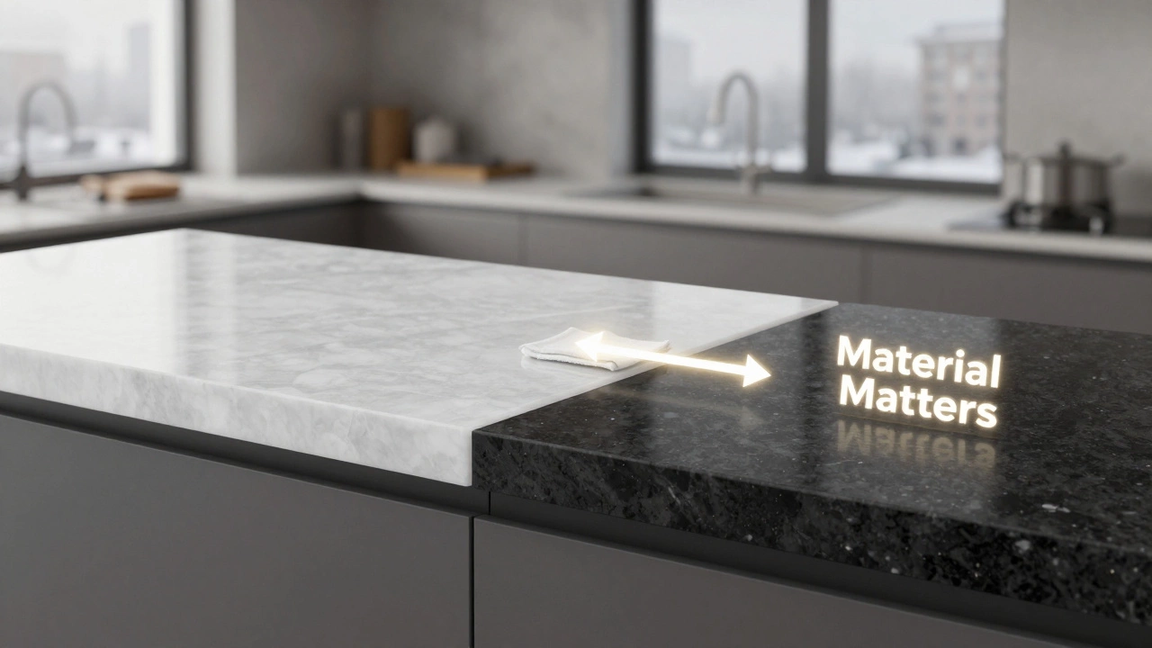 Сравнение светлой и темной кварцевой столешниц с акцентом на материал, а не цвет.