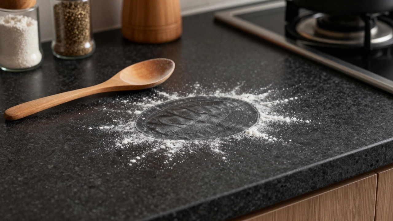 Темная кварцевая столешница с мелкими следами муки и отпечатками пальцев.