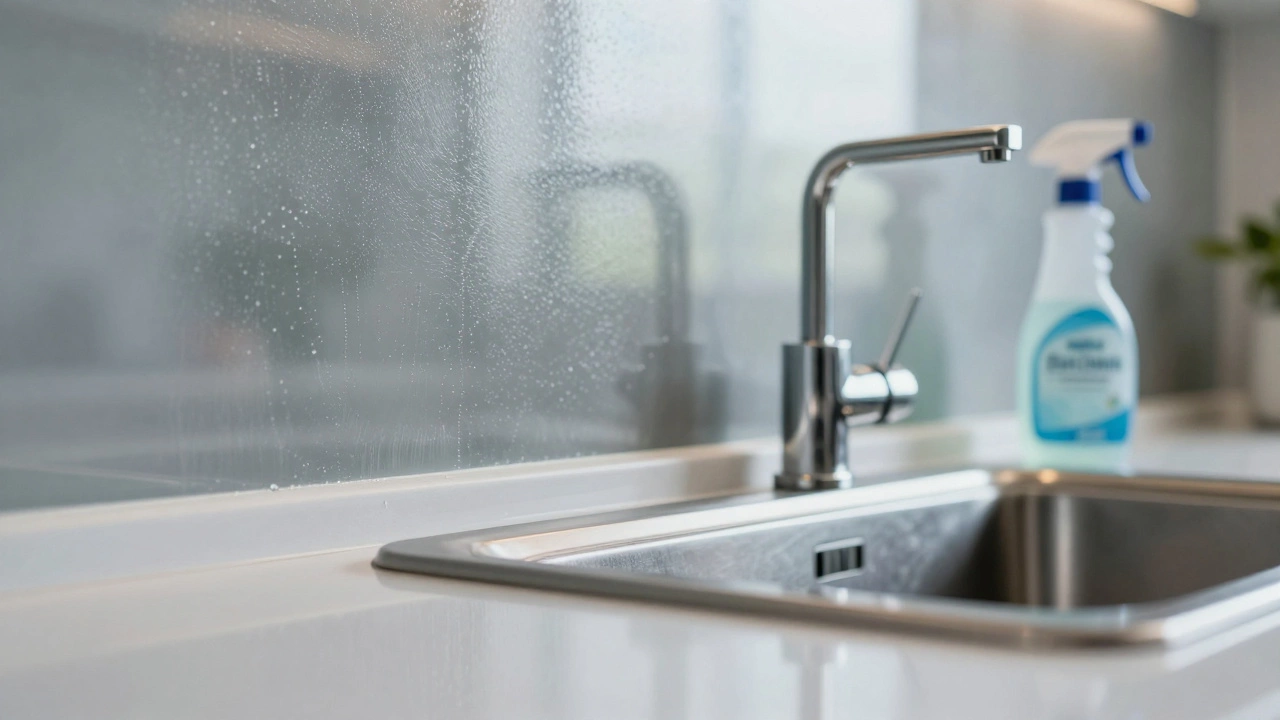 Термозакаленное стекло на фартуке кухни без следов пальцев и с бутылочкой очистителя.