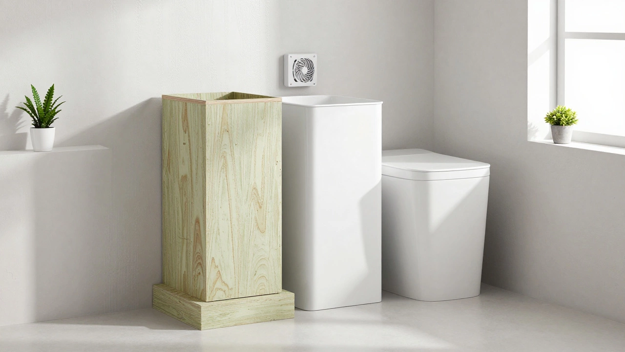 Три типа ванных тумб — из ДСП, МДФ и ПВХ — в одной ванной с вентилятором и конденсатом на стенах.