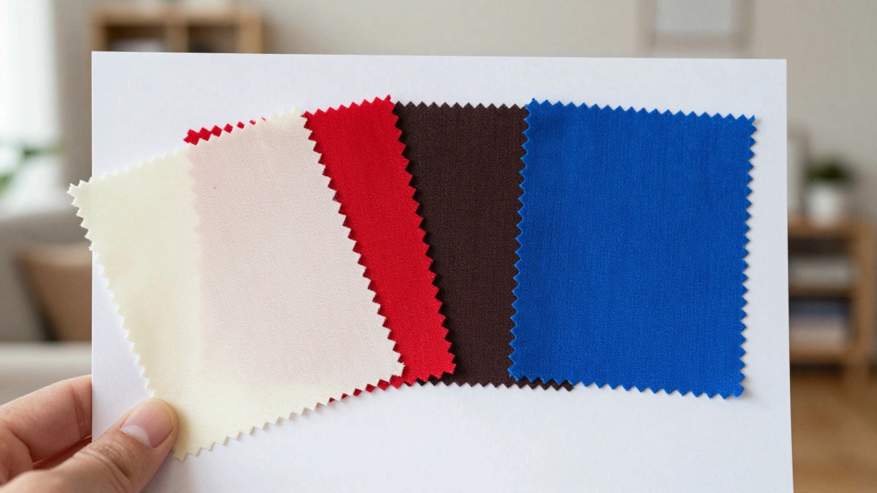 Белый лист бумаги с образцами ткани: кремовый оттенок кажется светящимся, другие — тусклыми.