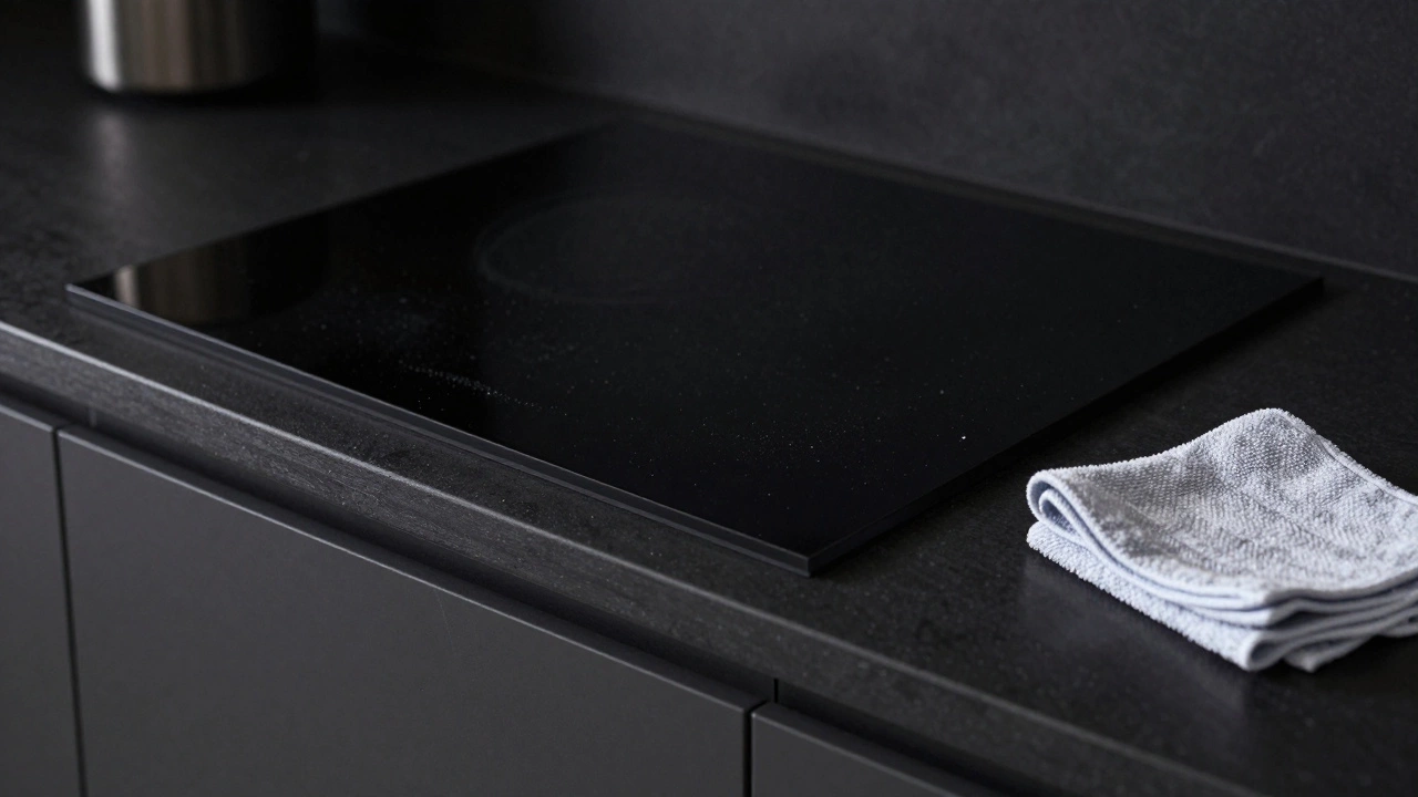 Чёрные глянцевые фасады с полосками пыли и бликами при мягком освещении.