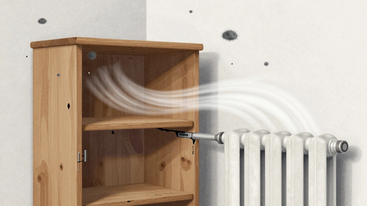 Деревянный шкаф с деформированными дверцами, между ним и стеной — зазор и видимые споры плесени.