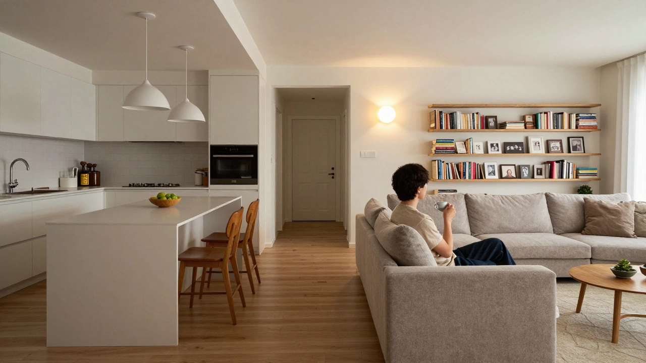 Диван разделяет кухню и гостиную, оставляя свободный проход, мягкий свет сбоку.