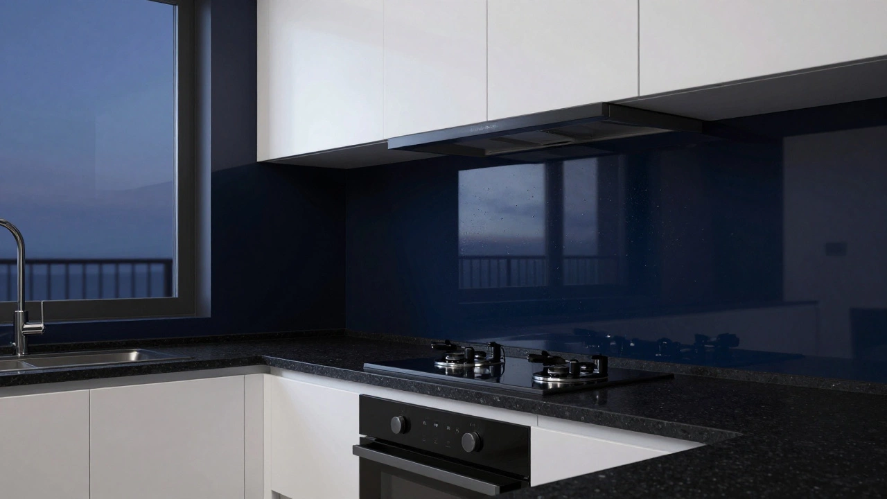 Глянцевый темно-синий фартук из стекла на фоне белых шкафов и черной столешницы в современной кухне.