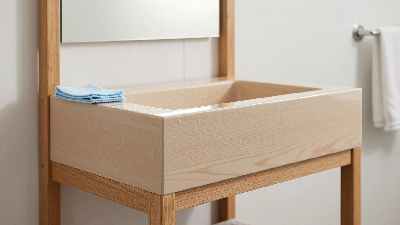 Короб в ванной из ПВХ-панелей с имитацией дерева, вода стекает по глянцевой поверхности.