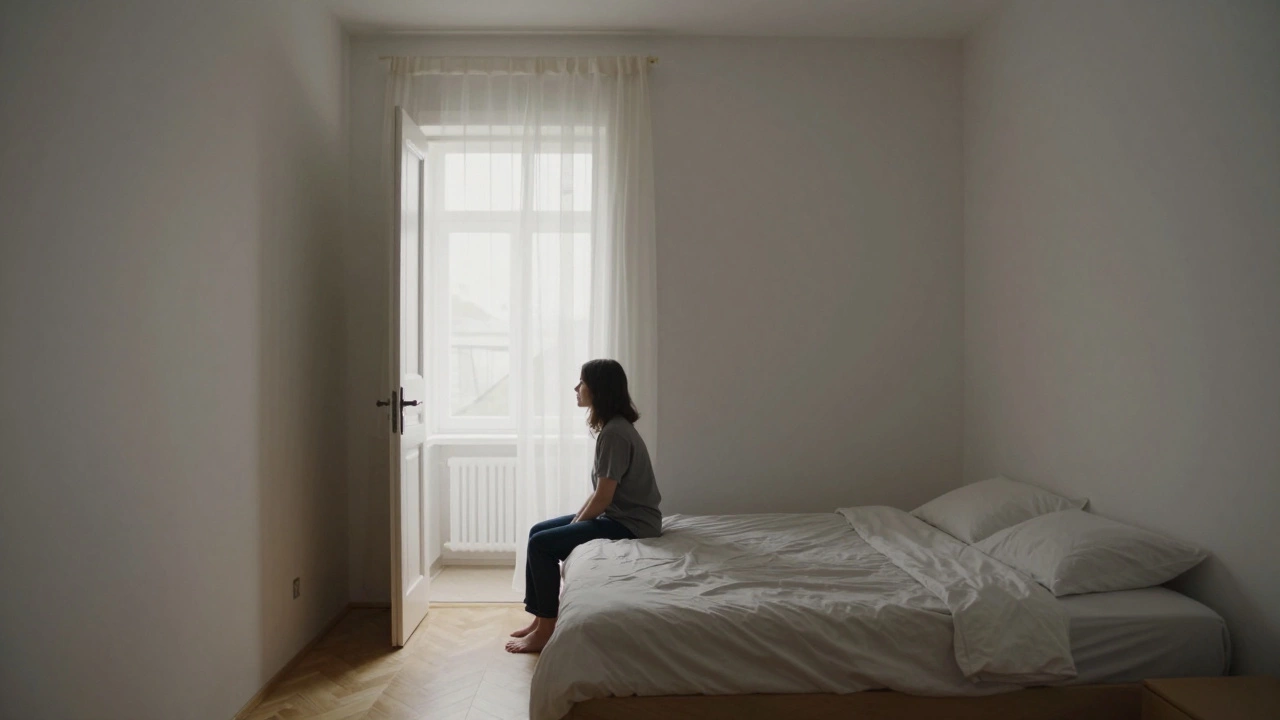 Кровать у длинной стены, дверь открывается в сторону, над проёмом — лёгкая ткань.