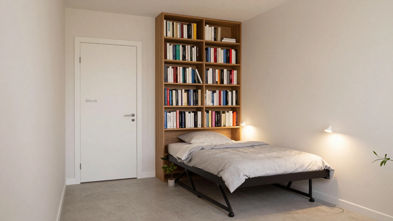 Кровать вдоль стены, защищена шкафом от двери, в маленькой спальне, свет тёплый, нет зеркал и техники.