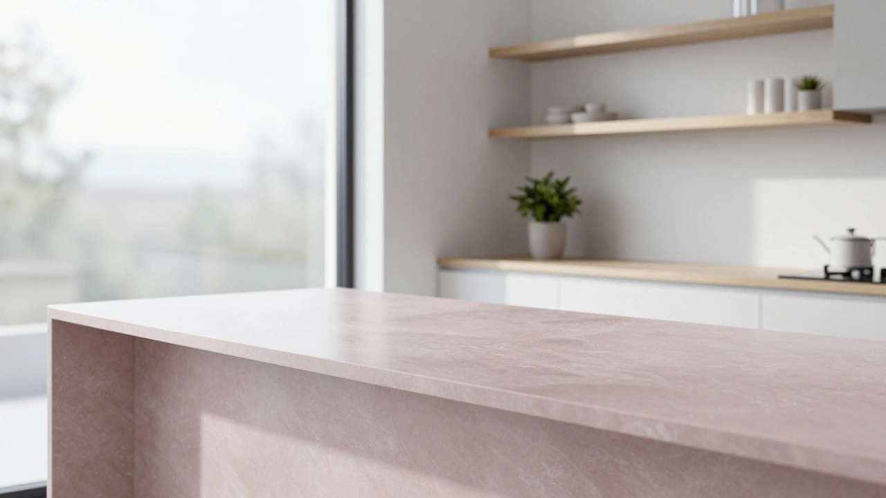 Матовая розовая акриловая столешница в скандинавской кухне со светлыми деревянными полками и минимализмом.