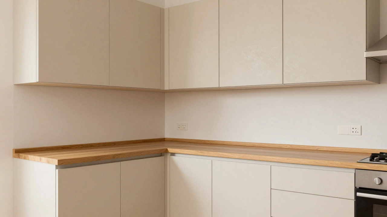 Матовые бежевые фасады с текстурой, выглядящие чистыми при тёплом естественном свете.