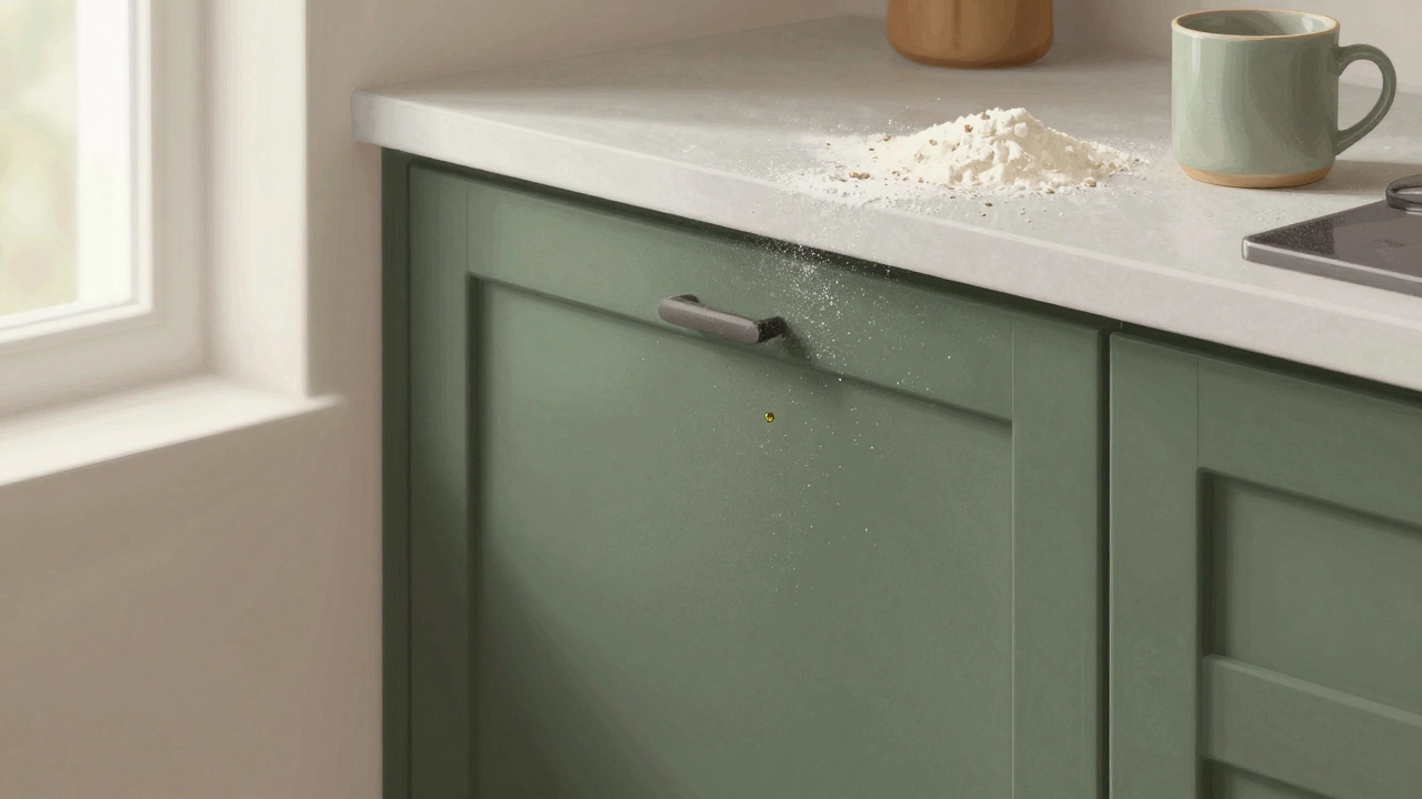 Матовый тёмно-зелёный фасад с мелкими крошками, сливающимися с цветом поверхности.