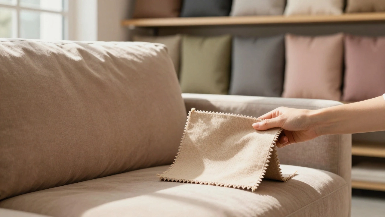 Рука кладет образец ткани теплого бежевого цвета рядом с диваном в мебельном салоне при мягком дневном свете.