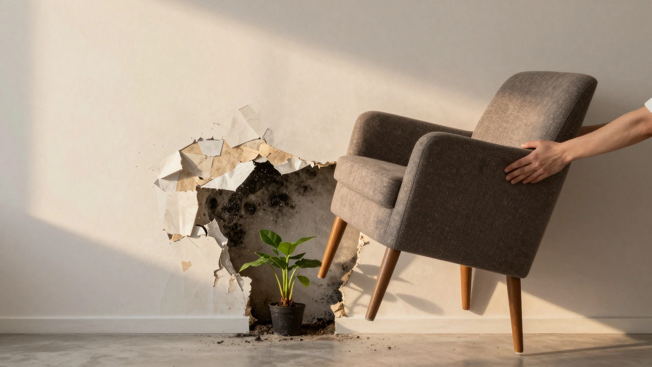 Рука отодвигает кресло, открывая под ним плесень и облупившиеся обои.