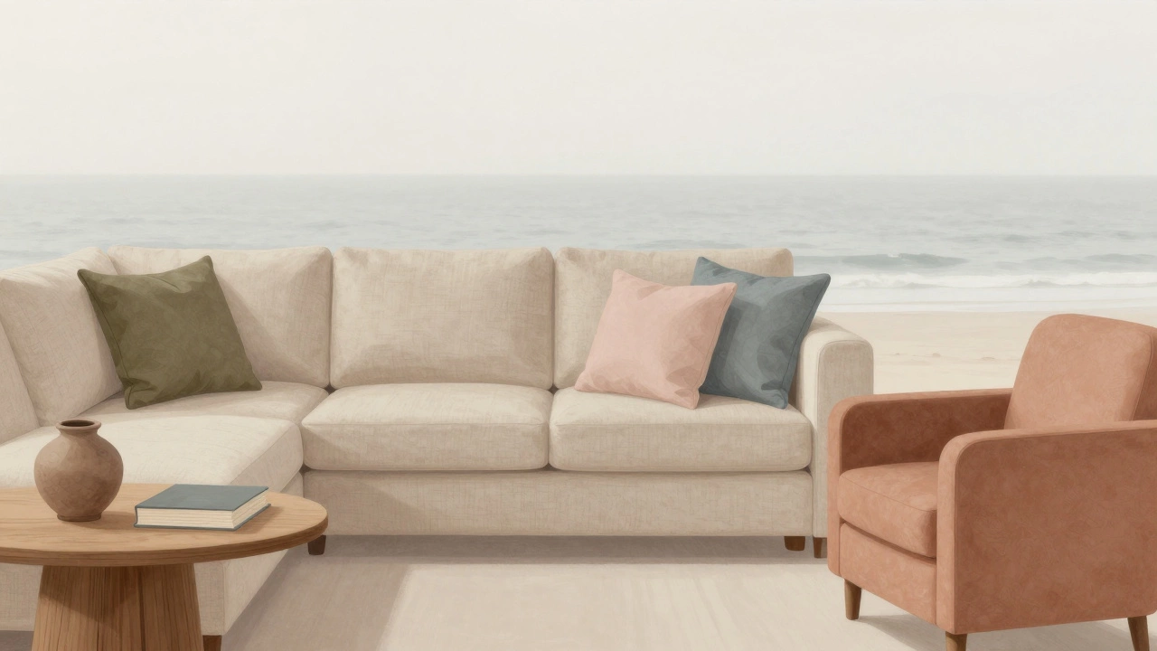 Сочетание бежевого дивана, глиняного кресла и приглушенных подушек в тихом освещении, без ярких акцентов.