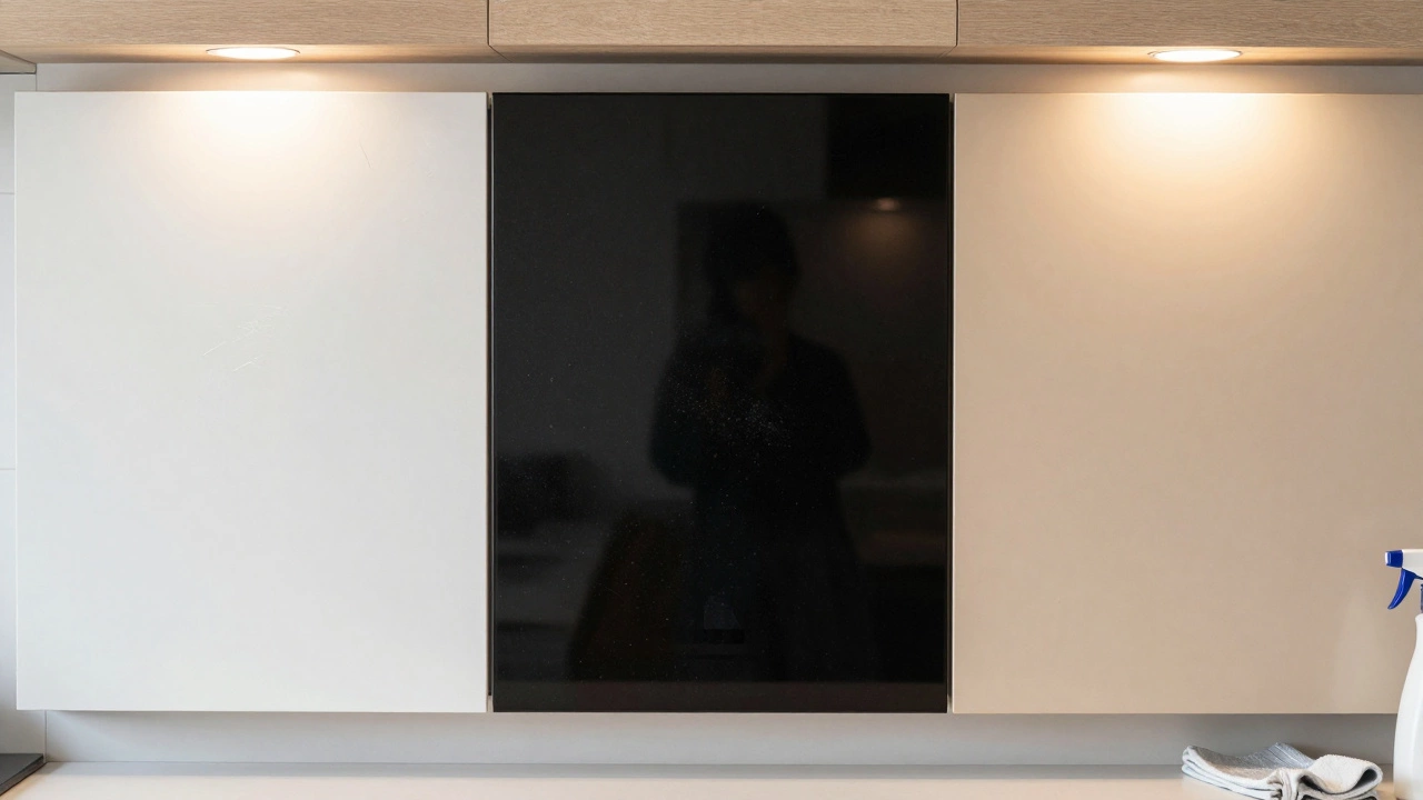 Сравнение трёх цветов кухонной мебели: белый, чёрный глянец и тёплый бежевый матовый.