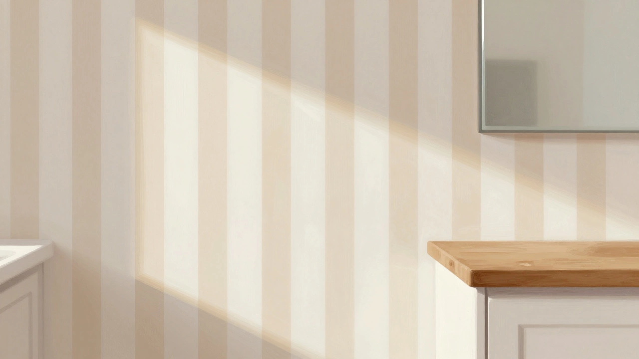 Стена кухни с тонкими вертикальными полосами, матовая текстура, мягкий свет и зеркало над столом.