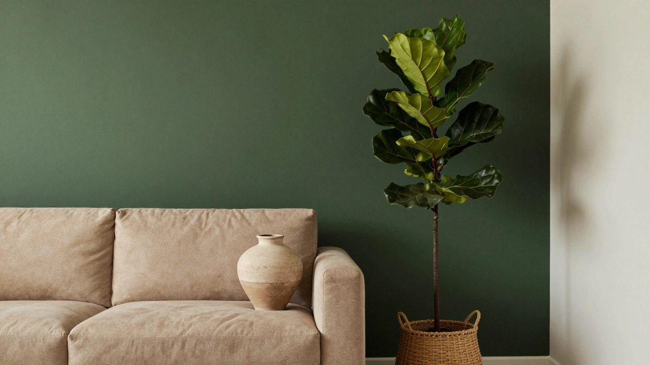 Темно-зеленая стена с диваном и двумя предметами декора — керамической вазой и крупным растением — в спокойной гостиной.