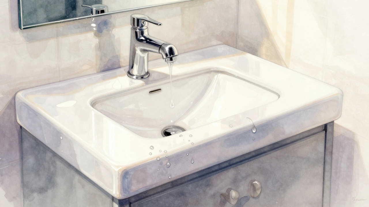 Акриловая тумба в современной ванной с каплями воды, скатывающимися с поверхности.