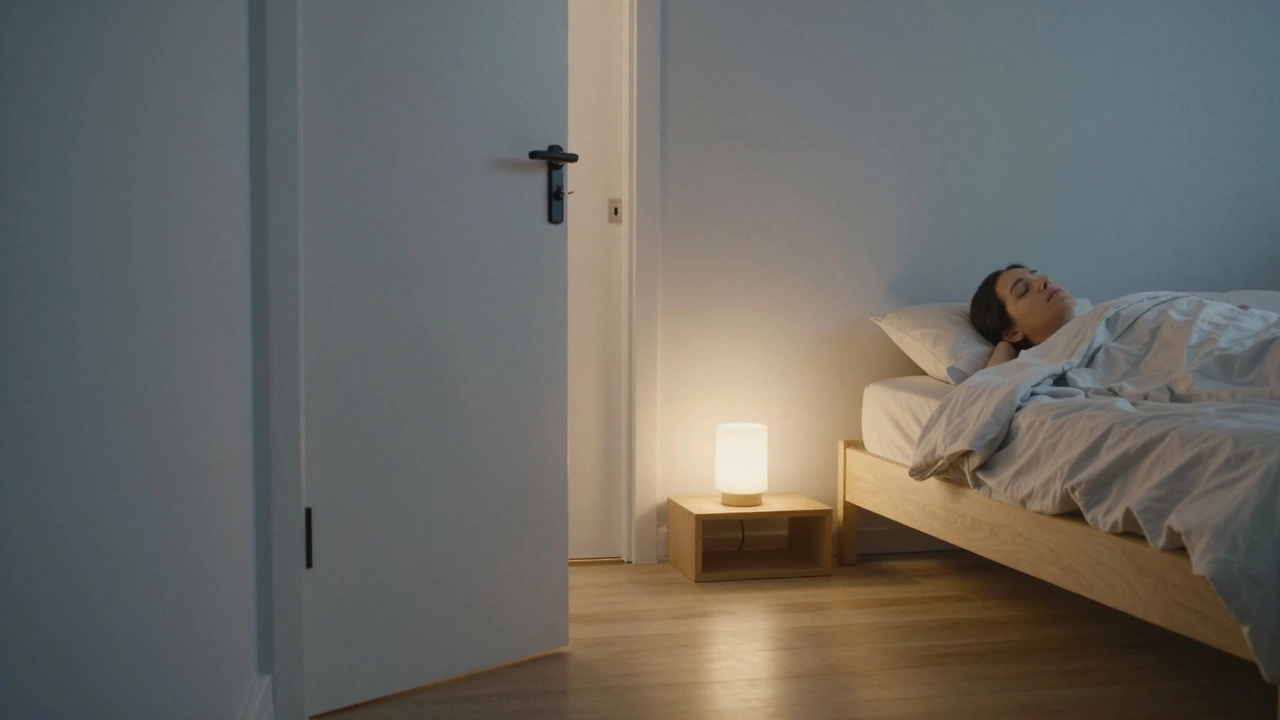 Человек спит в постели, спиной к двери, мягкий свет ночника освещает пол, а дверь слегка приоткрыта.