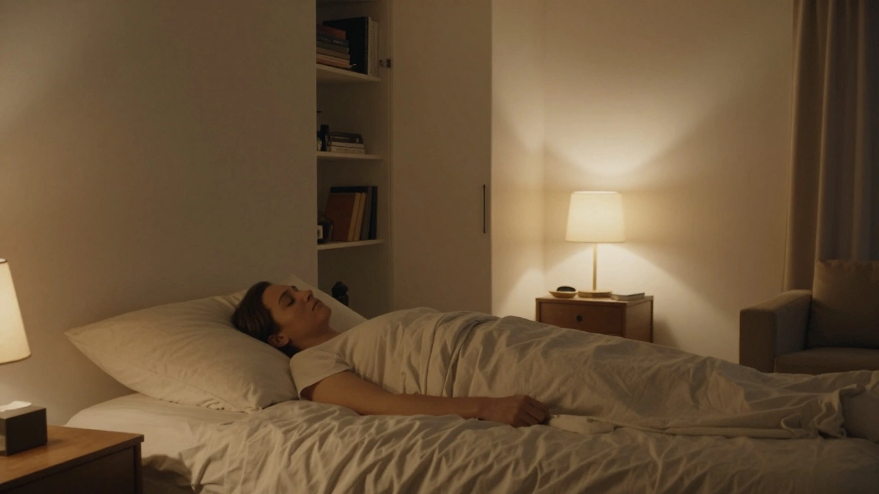 Человек в постели в тихой спальне без лишней мебели, атмосфера покоя.