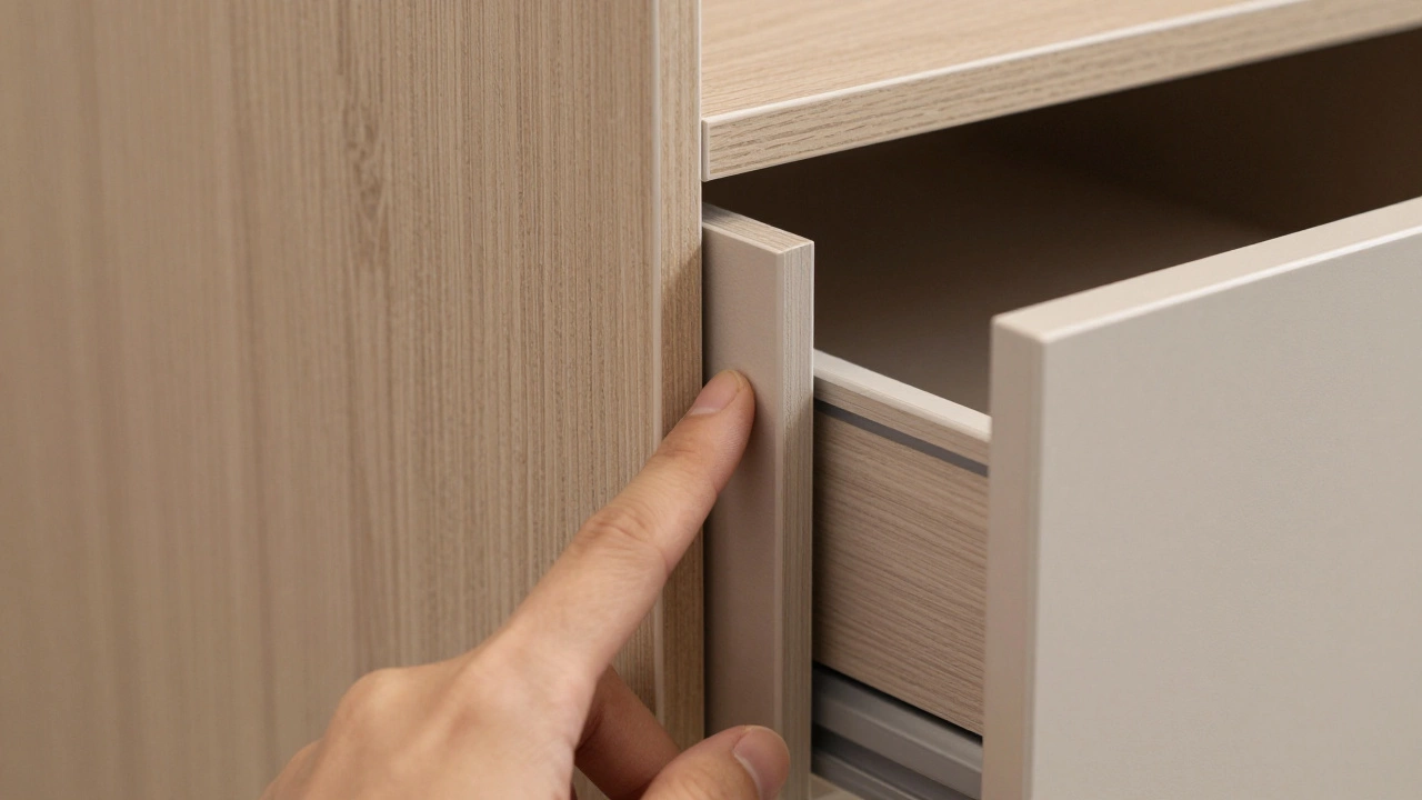 Детали стенки: натуральный шпон, бесконтактная дверь и плавно выезжающий ящик, подчеркивающие качество мебели.