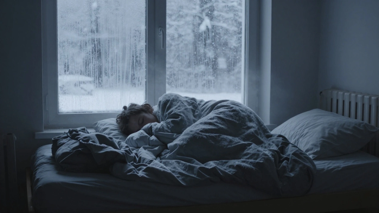 Кровать под окном, на постели виден иней, за окном зимний пейзаж, холодный свет.