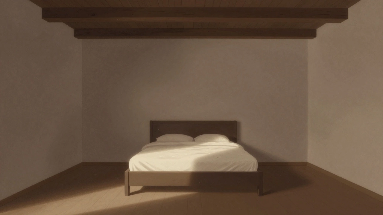 Кровать посередине комнаты, над головой балка, нет стен за спиной, ощущение уязвимости.