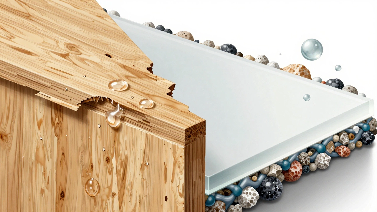 Макро-вид внутреннего строения: влажная ДСП с расслоением и плотный акриловый композит без впитывания воды.