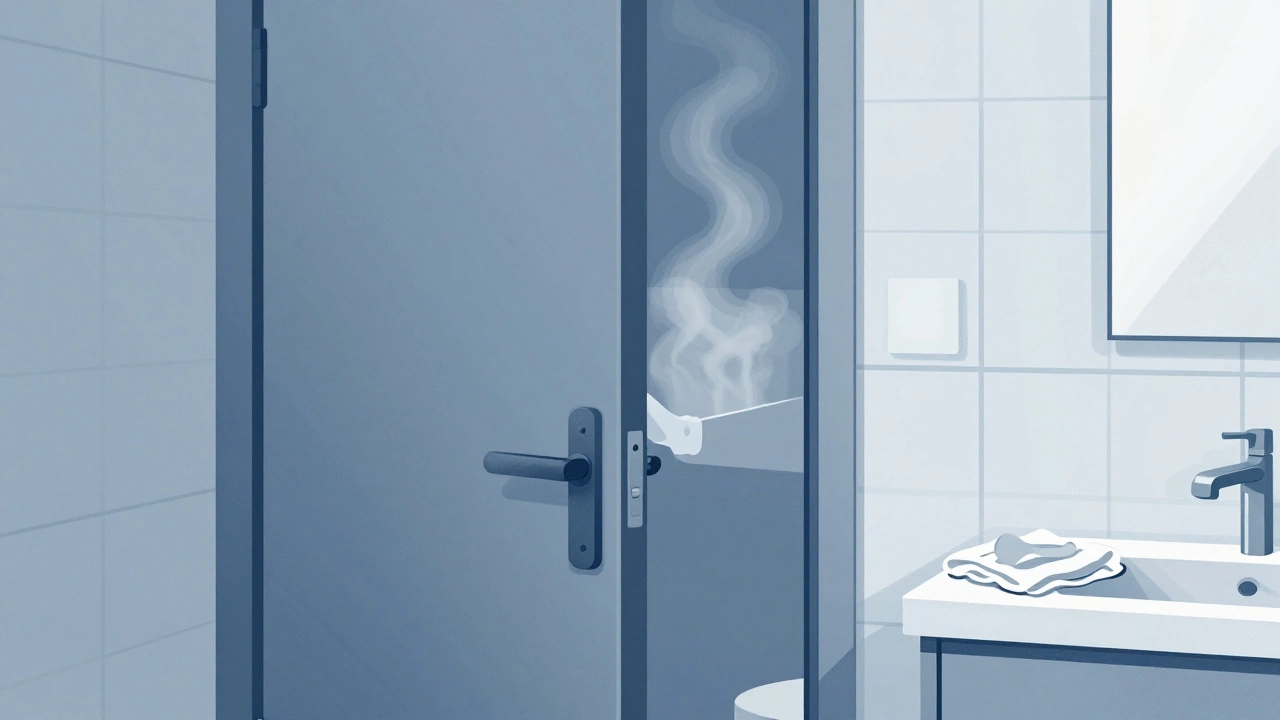Открытая дверь ванной комнаты, пар уходит через щель, человек держит полотенце.