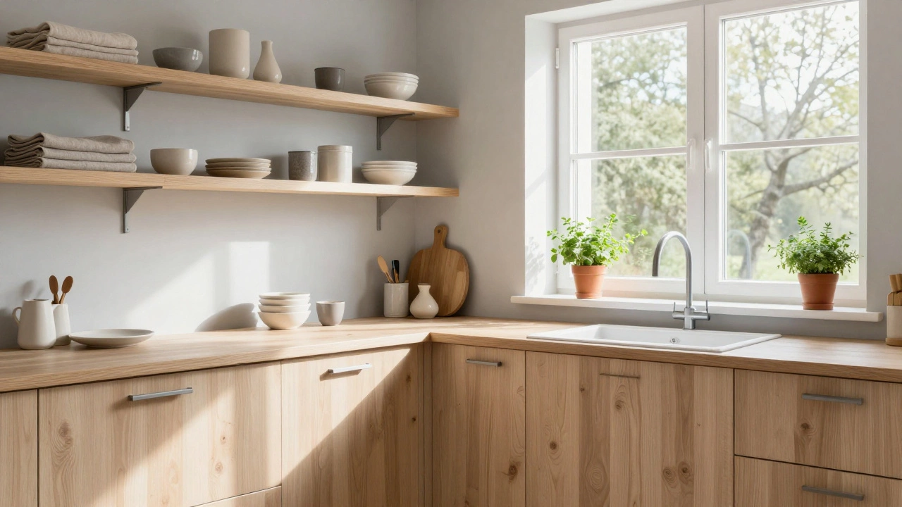 Скандинавская кухня со светлым деревом, светлыми стенами, открытыми полками и естественным освещением.