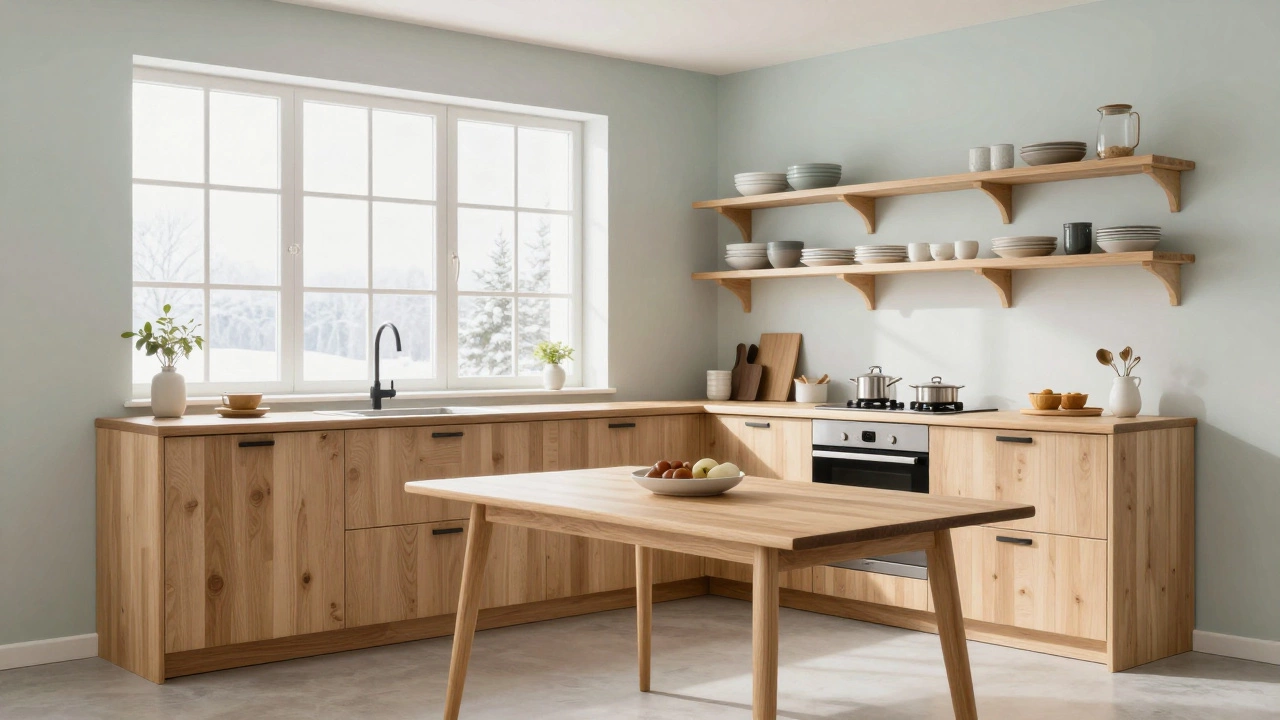 Скандинавская кухня со светлыми деревянными шкафами и открытыми полками.