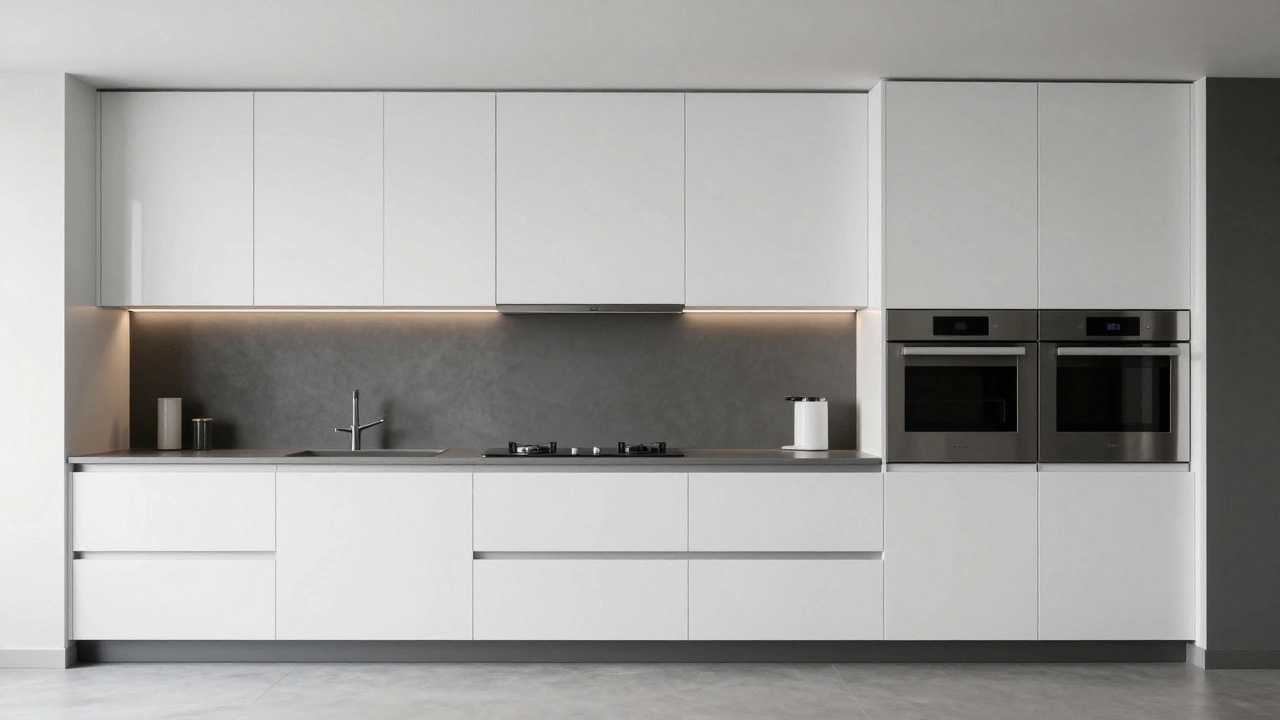 Современная кухня с глянцевыми белыми и темно-серыми фасадами без ручек и минималистичной техникой.