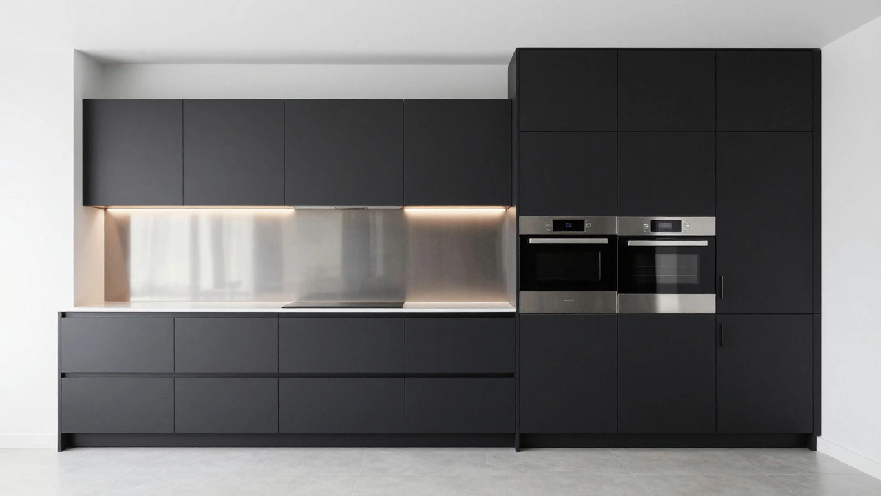 Современная кухня в стиле хай-тек с матовыми фасадами и встроенной техникой.