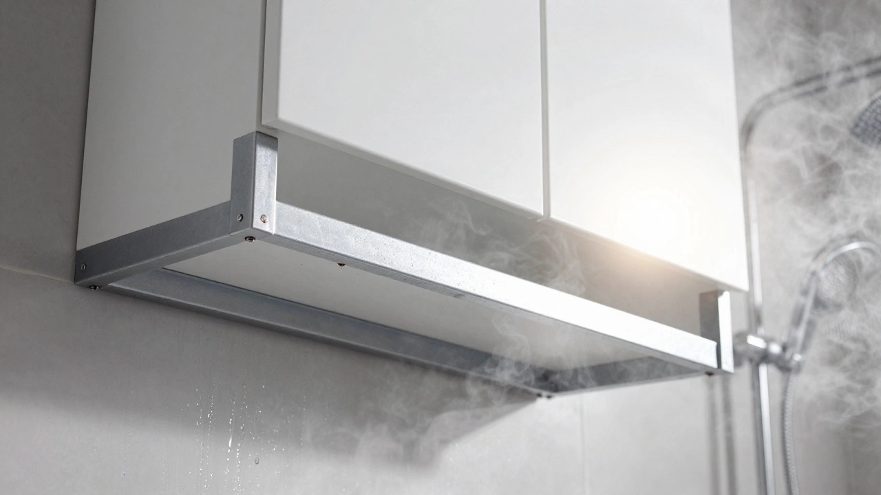 Стальной каркас и ПВХ-шкаф в ванной с паром, с зазором у стены, без следов коррозии или деформации.