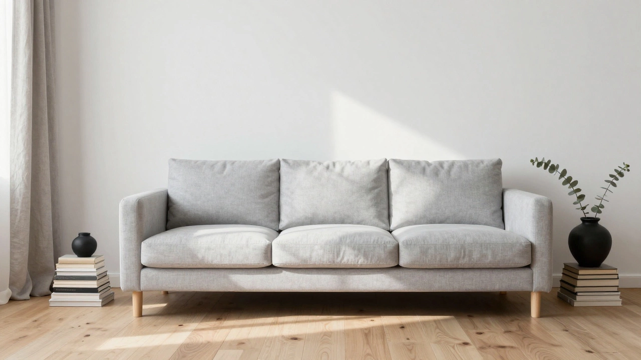 Светло-серый диван в скандинавском интерьере с льняными тканями и натуральным деревом.