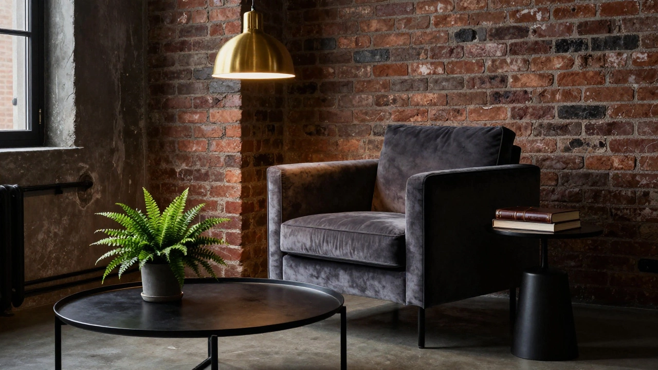Темно-серый бархатный кресло в индустриальном стиле с кирпичной стеной и золотым светом.