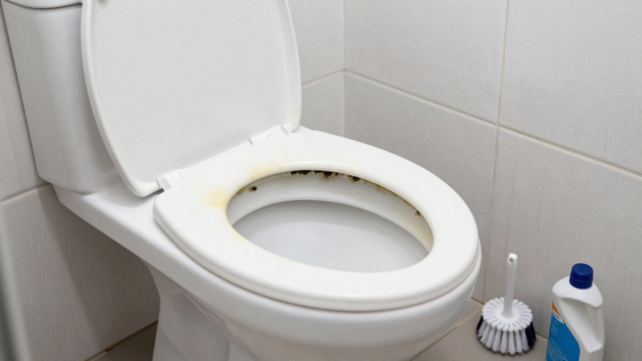 Традиционный унитаз с ободком, покрытый желтыми пятнами и плесенью под краем, в ванной с высокой влажностью.