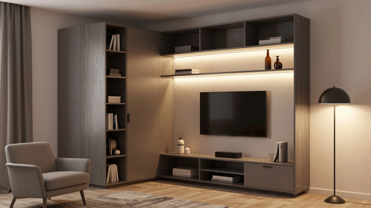Угловая стенка в маленькой гостиной с подсветкой, полками и скрытым хранением, оптимизирующая пространство.