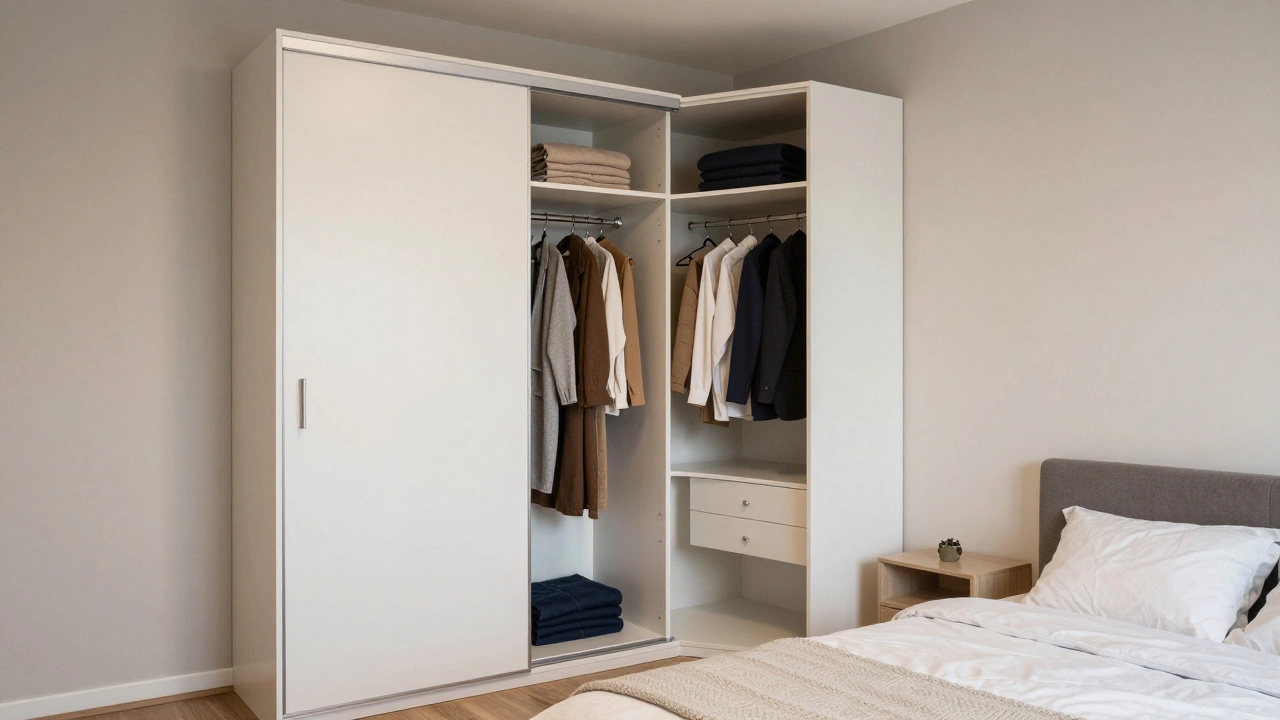 Угловой шкаф в маленькой спальне, чистые поверхности и свободное пространство.