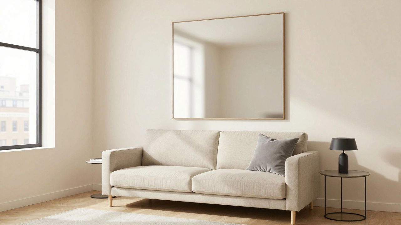 Бежевый диван в маленькой гостиной с кремовыми стенами, создающий ощущение простора.