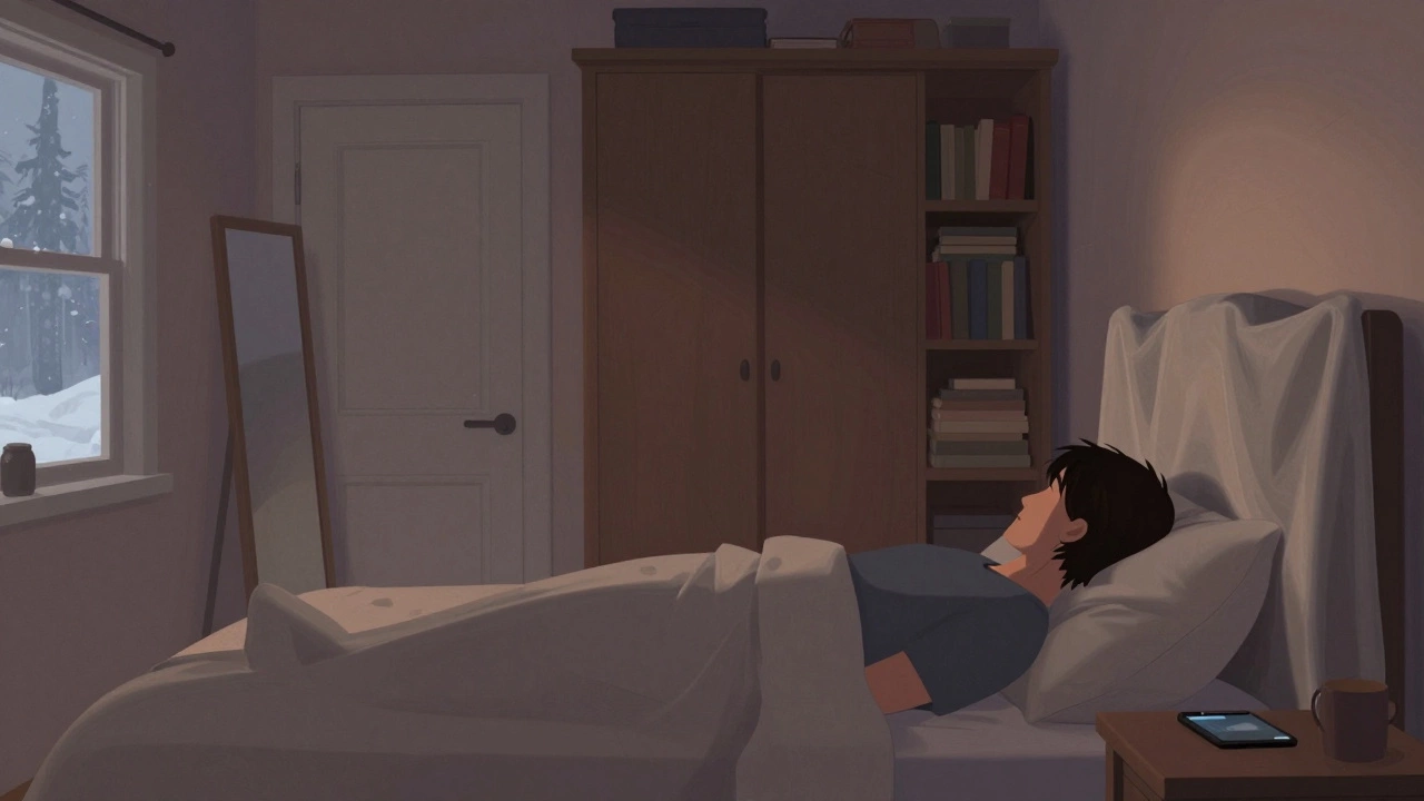 Человек спит спокойно, изголовье у стены, зеркало закрыто тканью, дверь видна под углом, в комнате тихо и тёпло.