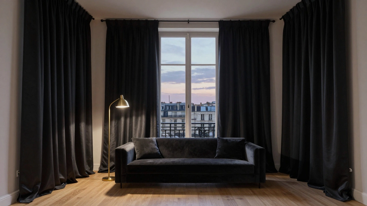 Чёрные шёлковые шторы с лёгким отливом в просторной гостиной с высокими потолками и минималистичной мебелью.