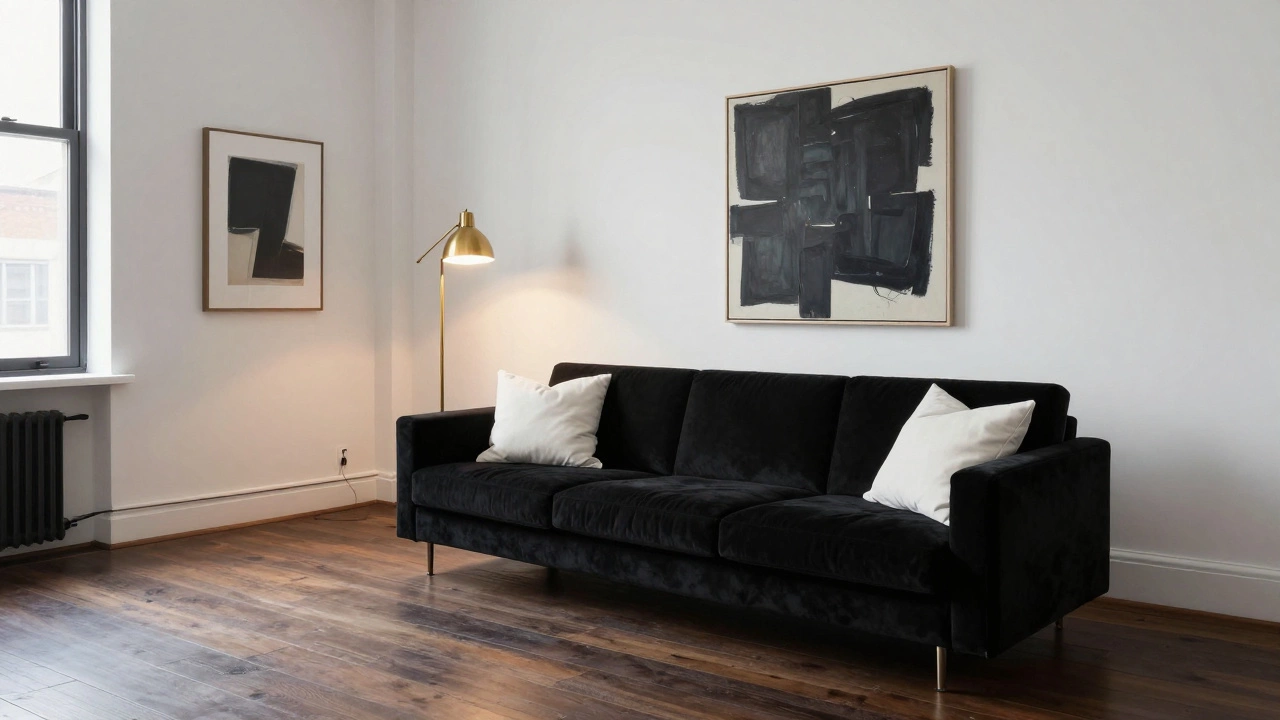 Черный бархатный диван на фоне белых стен в минималистичной гостиной с деревянным полом.