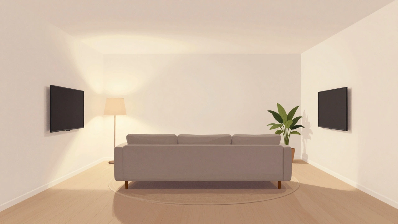 Диван по центру комнаты на ковре, с торшерами по бокам, открытые проходы, минимализм и спокойная атмосфера.