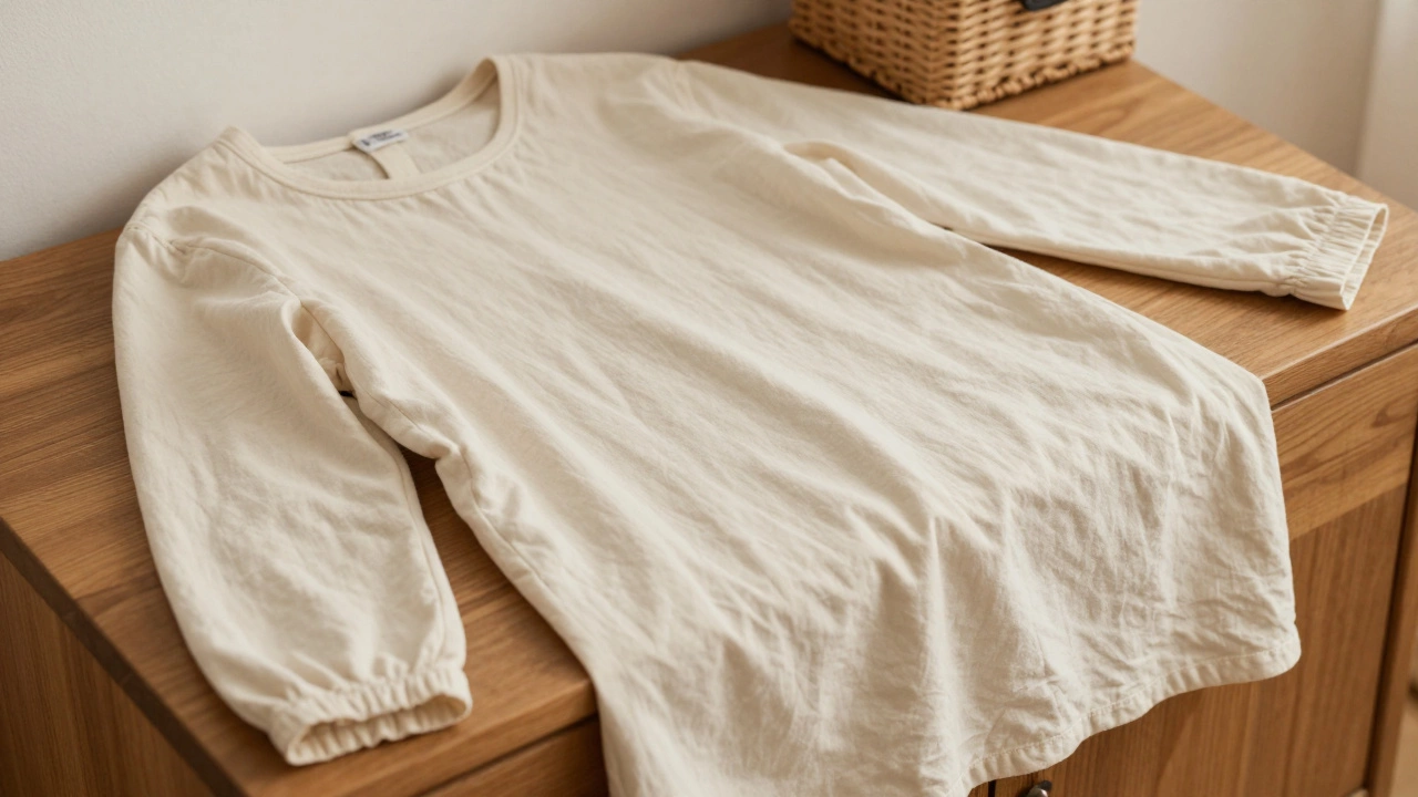 Длинная хлопковая ночная рубашка и брюки, аккуратно сложенные в коробке, без синтетики и блёсток.