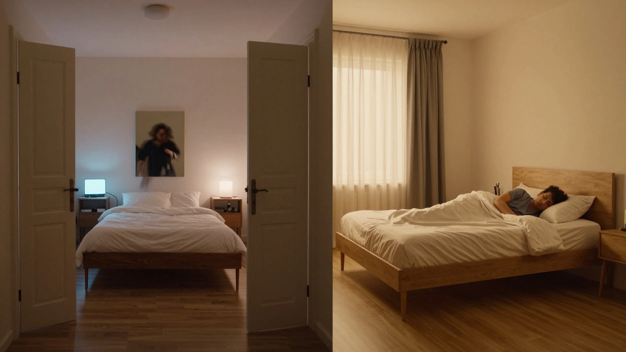 Два сценария: слева — кровать между дверями с электроникой и зеркалом, справа — идеальное расположение с тишиной и уютом.