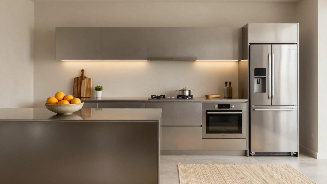 Кухня с бежевыми стенами, серебристой техникой и деревянной миской с цитрусами.